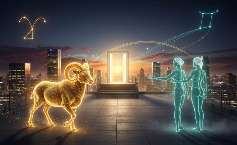 Illustration von Widder und Zwillinge, die zur Tagundnachtgleiche am 20. März 2026 außergewöhnliche Möglichkeiten anziehen