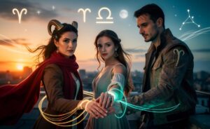 Illustration von drei Sternzeichen – Widder, Waage und Steinbock – die am 21. März 2026 transformative Wendungen in der Liebe erleben
