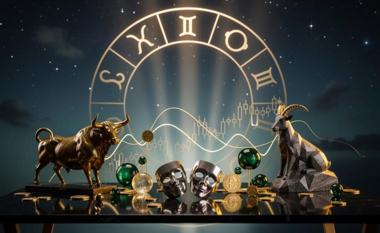 Illustration von [Drei Sternzeichen – Stier, Zwillinge und Steinbock – mit astrologischen Symbolen und aufsteigenden Kursdiagrammen für einen unerwarteten Finanzschub am 22. März 2026]
