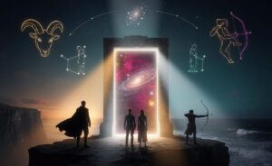 Illustration von drei Sternzeichen – Widder, Zwillinge und Schütze –, die am 21. März 2026 die Tür zu beispiellosen Möglichkeiten öffnen