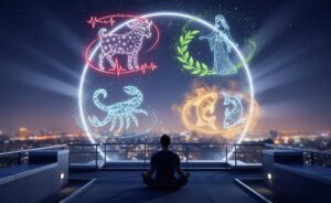 Illustration von vier Sternzeichen – Widder, Jungfrau, Skorpion und Fische – die am 22. März 2026 besondere gesundheitliche Einsichten erhalten