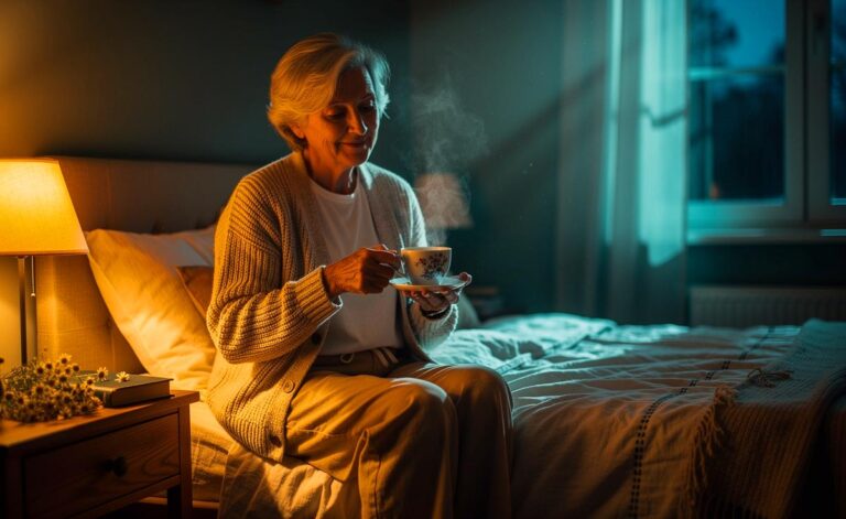 Illustration von einer älteren Person ab 65 Jahren, die abends bei gedimmtem Licht eine kleine Tasse Kamillentee trinkt, um ruhigen, erholsamen Schlaf zu fördern
