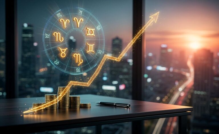 Illustration von fünf Sternzeichen, die ab dem 21. März 2026 in eine Phase finanziellen Wachstums eintreten