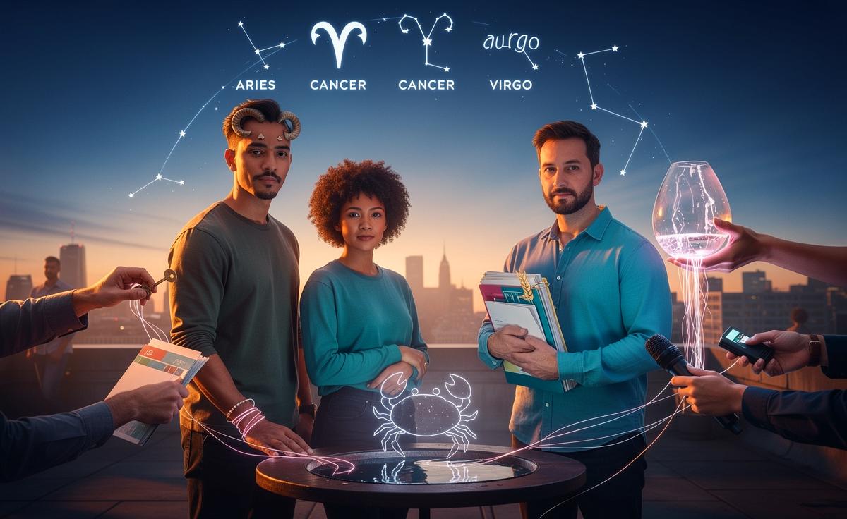 Illustration von vier Sternzeichen, die am 20. März 2026 unerwartete Unterstützung erhalten