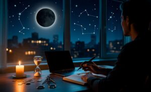 Illustration von einem Neumond am 22. März 2026 mit astrologischen Symbolen für neue Anfänge