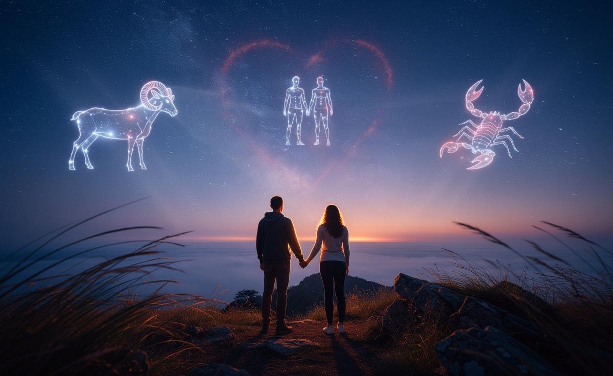 Illustration von drei Sternzeichen – Widder, Zwillinge und Skorpion – vor einem Sternenhimmel, verbunden durch Herzsymbole, wobei das Datum 20. März 2026 den Wendepunkt in der Liebe markiert