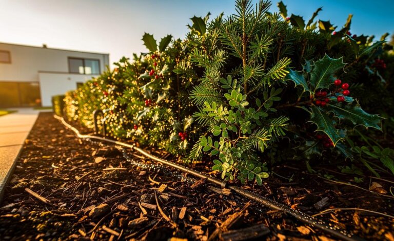 Illustration von einer dichten, heimischen, immergrünen Hecke mit Mulchschicht und Tropfbewässerung