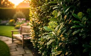 Illustration von einer dichten, immergrünen Kirschlorbeer-Hecke als schnellwachsende Thuja-Alternative mit geringem Schnittbedarf