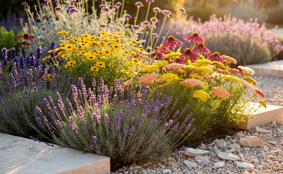 Illustration von robusten, trockenheitsverträglichen Stauden mit Blüte von Juni bis September in einem kiesigen Trockenbeet