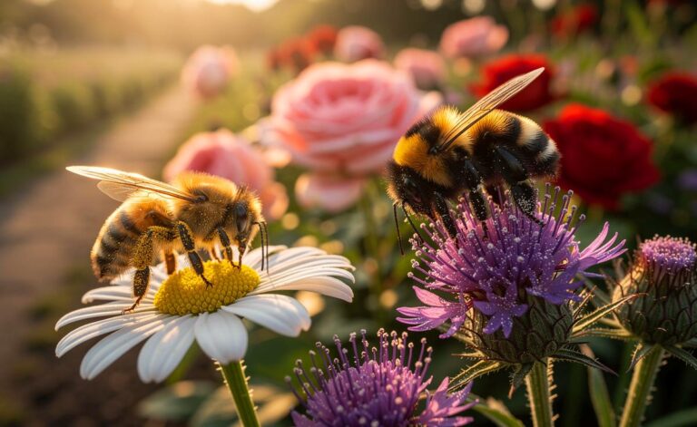 Illustration von Bienen auf heimischen Wildblumen neben Zuchtrosen mit gefüllten Blüten und erschwertem Zugang zu Nektar und Pollen