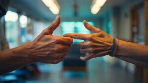 Illustration von regelmäßigen Handübungen zur deutlichen Verbesserung der Gelenkbeweglichkeit, angeleitet von einem Ergotherapeuten