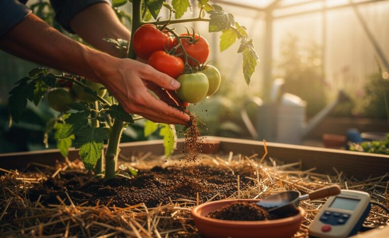 Illustration von Kaffeesatz als organischem Dünger für Tomatenpflanzen im Gartenbeet, dünn eingearbeitet und unter Mulch ausgebracht, zur Förderung von Wachstum und Ertrag
