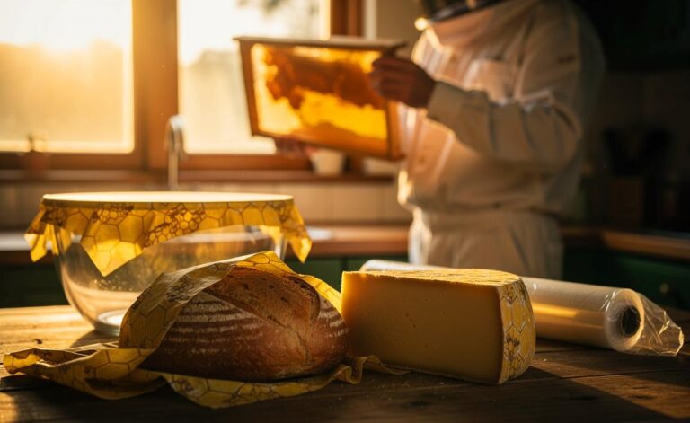 Illustration von einem Imker, der Bienenwachstücher als langlebige Alternative zur Frischhaltefolie bei der Aufbewahrung von Brot und Käse zeigt