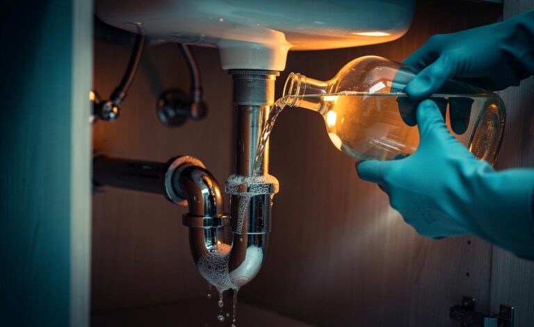 Illustration von einem Klempner, der einen Siphon mit Essig reinigt, um Kalkablagerungen und Gerüche zu entfernen