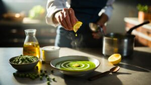 Illustration von einem Küchenchef, der mit nur vier Zutaten eine schnelle, leichte Erbsensuppe zubereitet