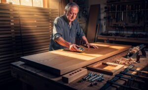 Illustration von einem Tischler, der erklärt, wie langlebige Möbel aus Eiche ihre Form ohne Verformungen behalten