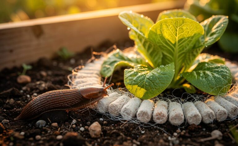 Illustration von natürlichem Mulch aus Schafwollpellets, der Schnecken zuverlässig fernhält und die Bodenfruchtbarkeit verbessert.