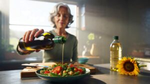 Illustration von Olivenöl extra vergine als gesunde Alternative zu Sonnenblumenöl für Menschen ab 60