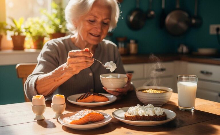 Illustration von einer älteren Person beim Verzehr einer eiweißreichen kleinen Mahlzeit mit Skyr, Eiern, Fisch und Linsensuppe