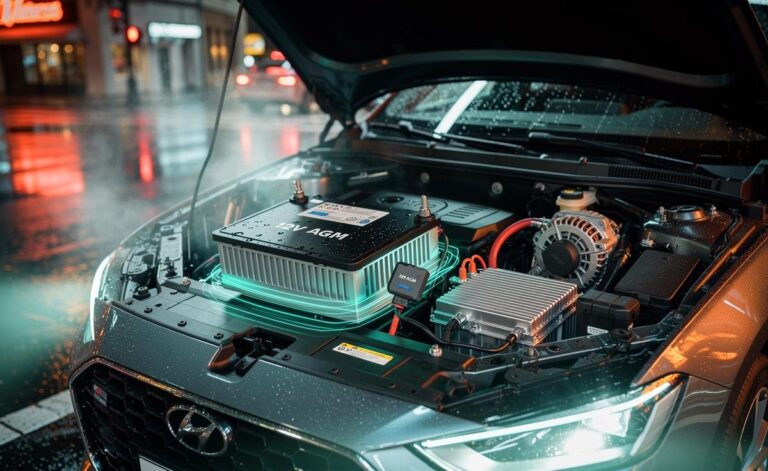 Illustration von einem Auto mit Start-Stopp-System, AGM-/EFB-Starterbatterie und Batteriemanagementsystem