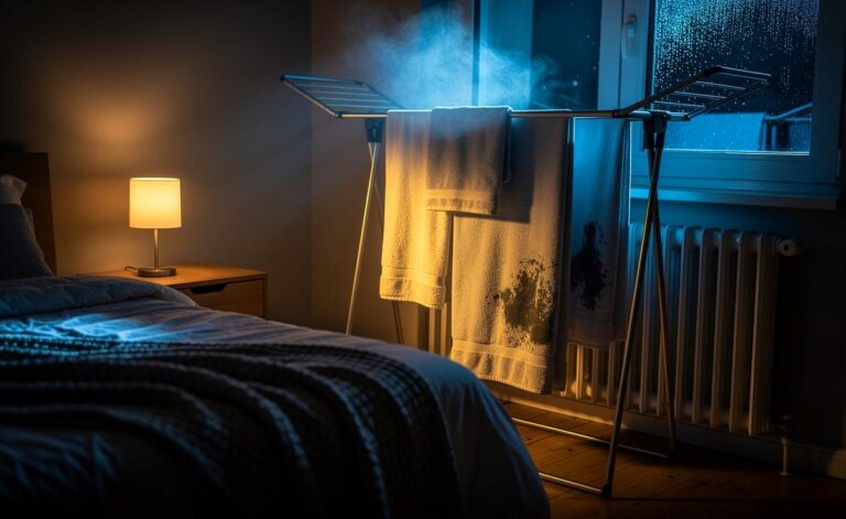 Illustration von [aufgehängten feuchten Tüchern im Schlafzimmer zur Luftbefeuchtung durch Verdunstung]