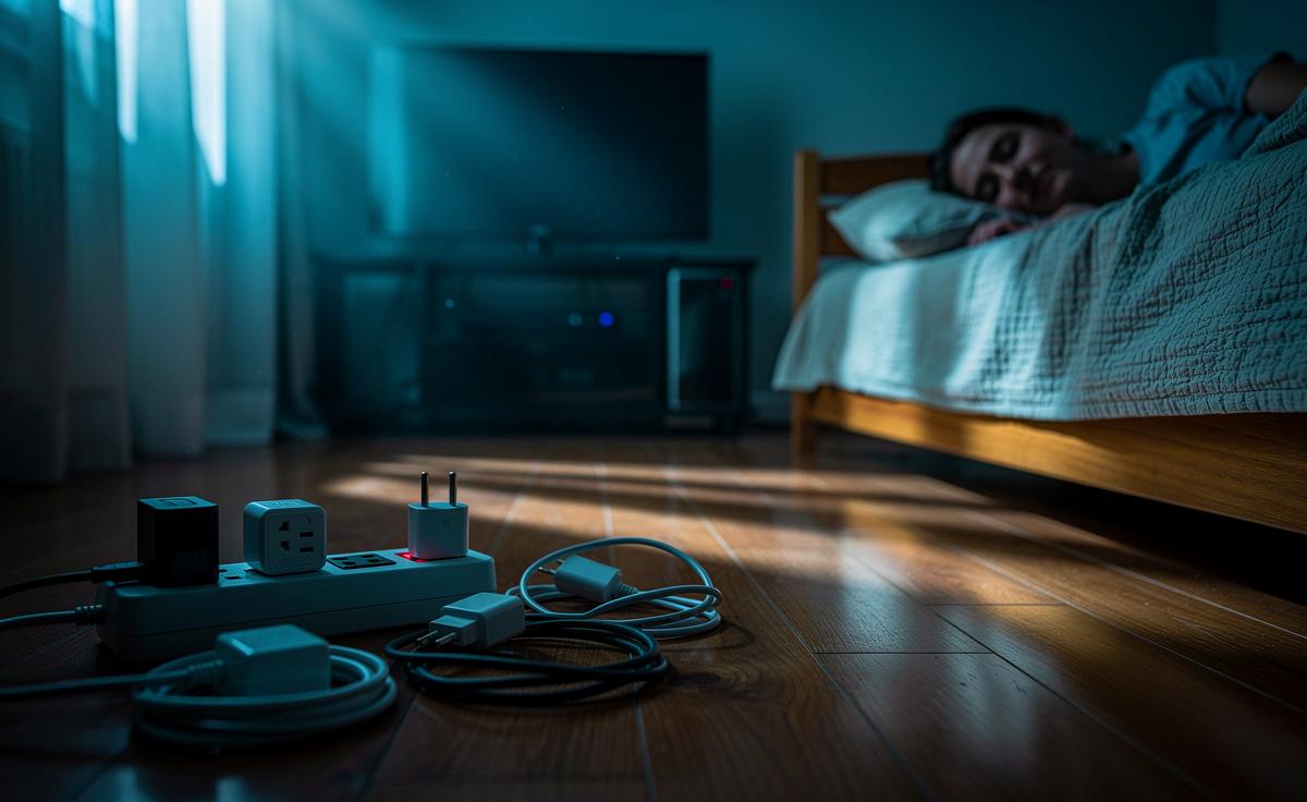 Illustration von einem abgedunkelten Schlafzimmer mit ausgeschalteten Standby-Geräten, abgeschalteter Steckdosenleiste und erholsam schlafender Person