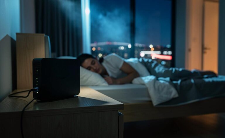 Illustration eines nachts ausgeschalteten WLAN‑Routers als Beitrag zu mehr Netzsicherheit und Tiefschlaf