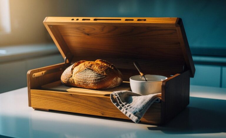 Illustration von einem Brotkasten mit Laib Brot und feuchtem Tuch zur Feuchteregulierung und natürlichen Verlängerung der Haltbarkeit von Brot