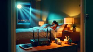 Illustration von einem ausgeschalteten WLAN-Router in einer nächtlichen Wohnumgebung, Symbol für besseren Schlaf, Energieeffizienz und geringere Kosten