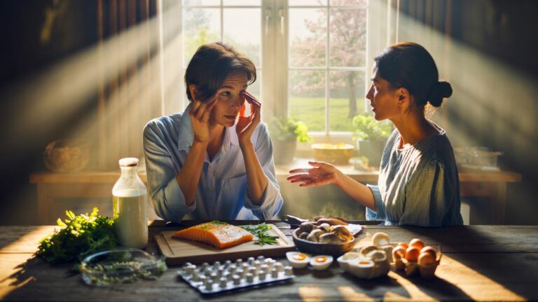 Illustration von [Frühjahrsmüdigkeit durch Vitamin-D-Mangel und Beratung durch Ernährungsberater]