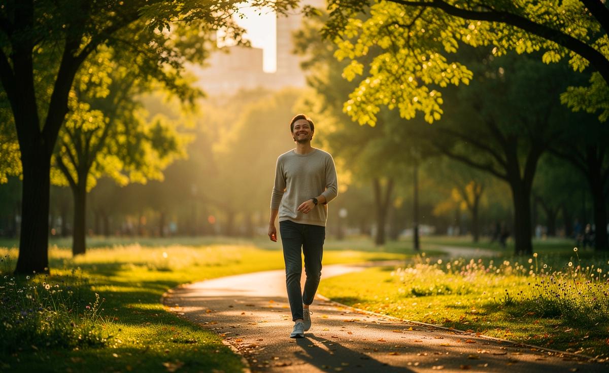 Illustration von einer Person beim Spaziergang im Grünen zur Stressreduktion bei leichter Anspannung